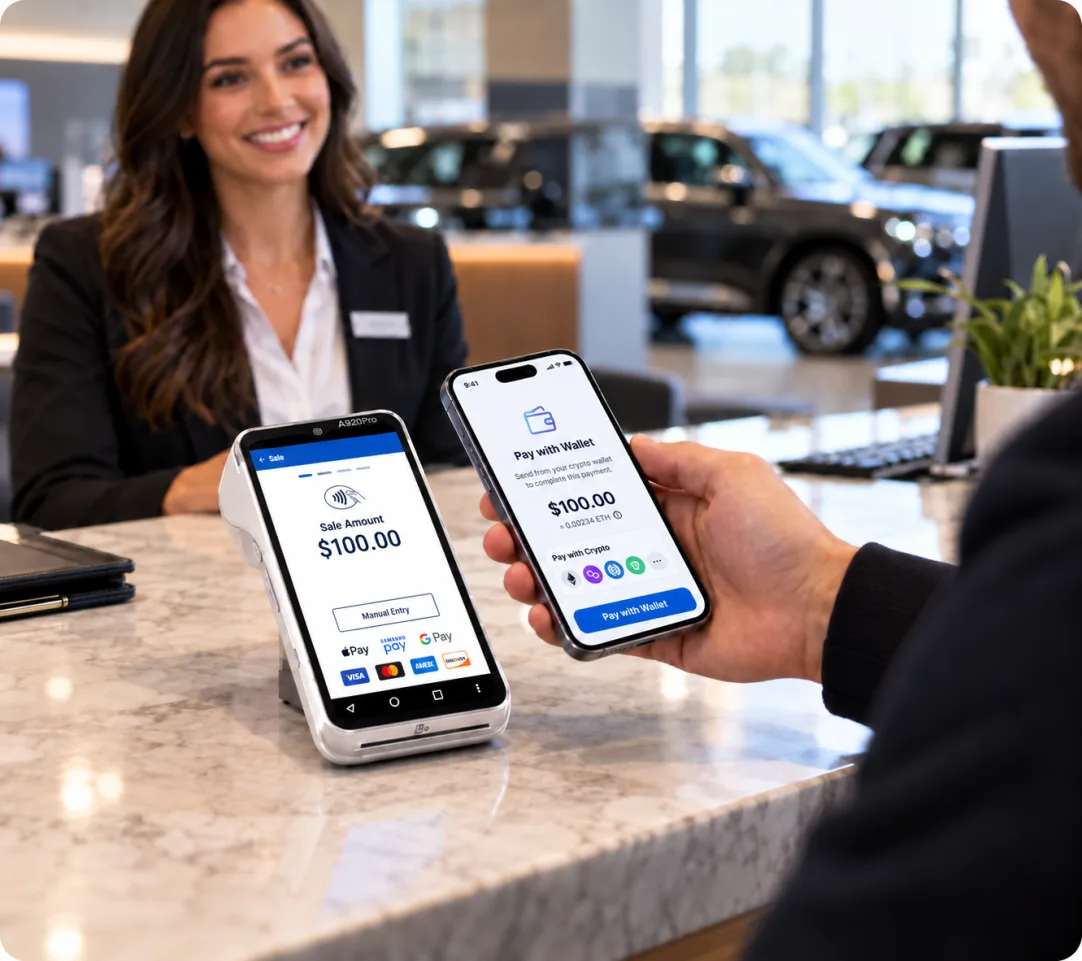 Dealership customer paying with a digital asset on a phone at a payment terminal