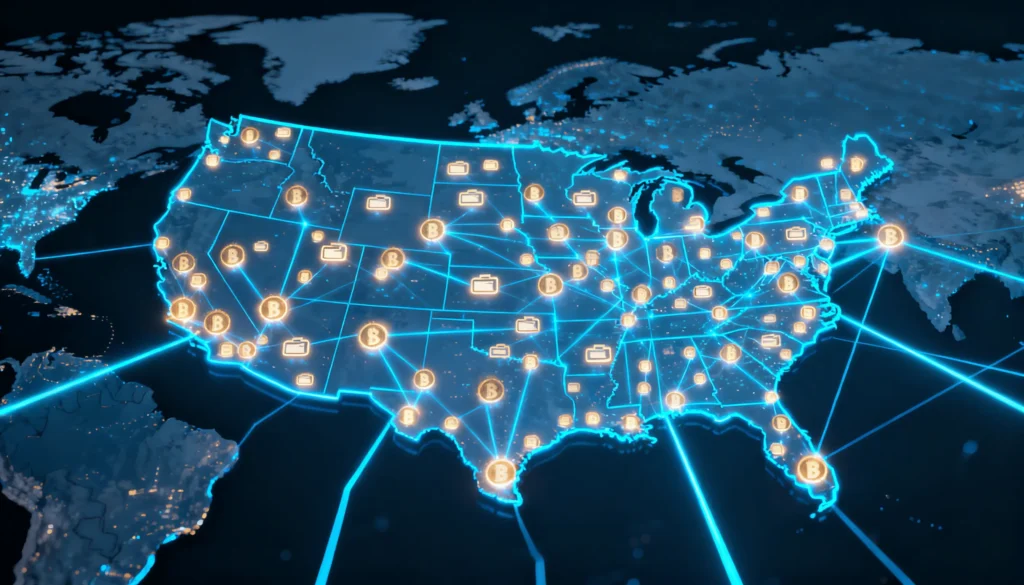 Global map showing a digital network of cryptocurrency and digital wallet users connected across the United States, representing the rapid growth of crypto payments and digital commerce.